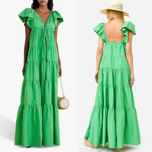 ALC Flutter Short Sleeve V-Neck Empire Waist Front Tie Ruffle Tier Maxi Gown 6 - Picture 12 of 16